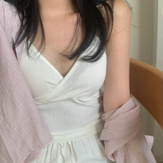Delmu V-neck Wrap Ribbed Sleeveless Strappy Top