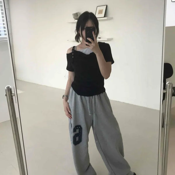 String Numbering Wide Loose Fit Daily Long Pants