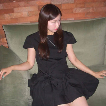 Ribbon Plain A-line Short Sleeve Mini Dress