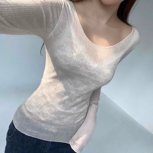 Plain Slim Fit Round Neck Long Sleeve Daily T-shirt