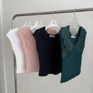 Fontina Lace V-Neck Slim Fit Ribbed Short Sleeve Tee