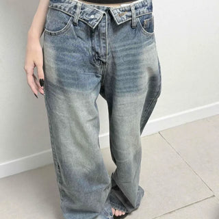 Dor Washed Button Wide Loose Fit Daily Long Pants