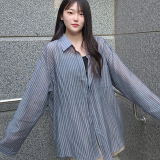 Loen Button-Down Striped Oversized Daily Long Sleeve Shirt
