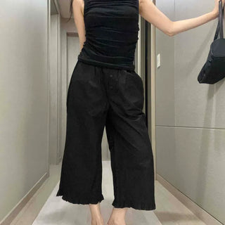 Frill Button Drawstring Wide Loose Fit Long Pants