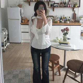 Off-shoulder Shirred Ribbon Fitted Plain Long Sleeve Blouse