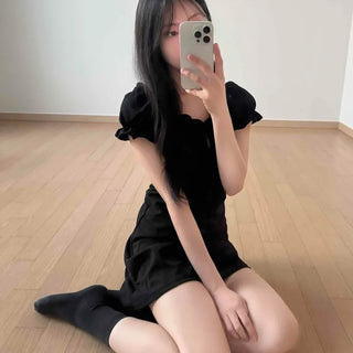 Frill Ribbon Shirred Plain A-line Mini Dress