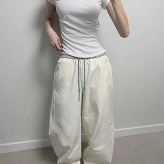 Wide Loose Fit Training Bottoms with Snap Flap Pocket Contrast
