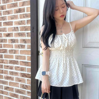 Shirred Ribbon Dot Strap Sleeveless Blouse