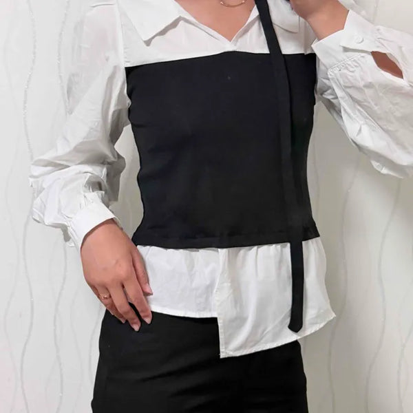 Color-block Ribbon Button Layered Long Sleeve Blouse