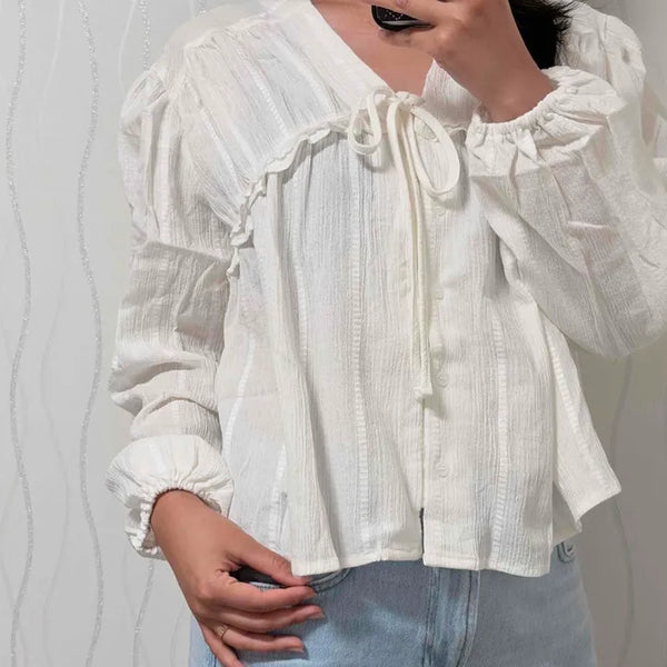 Plain Loose-Fit Long-Sleeve Blouse with Frill String