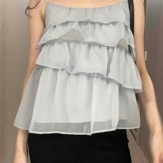 Frill Shirred Strap Tiered Loose Fit Sleeveless