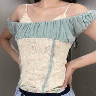 Shirred Frill Contrast Zipper Off-Shoulder Sleeveless