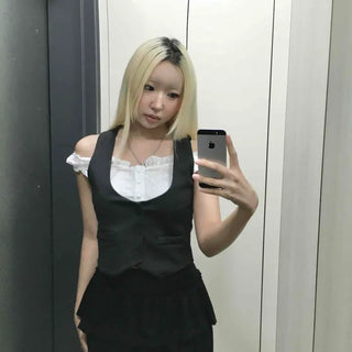 Button Frill Flap Pocket Layered Fitted Sleeveless