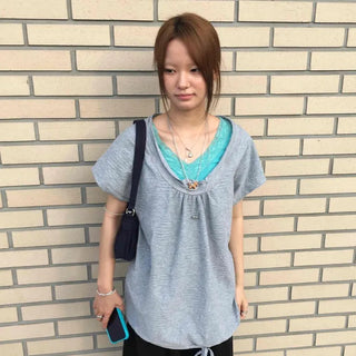 Loose Fit Plain Shirred String Raglan Sleeve Short T-shirt