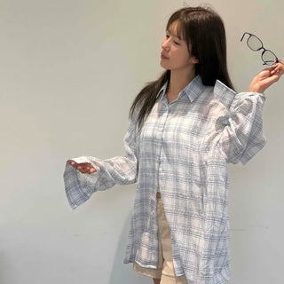 Check Button-Down Oversized Long Sleeve Shirt