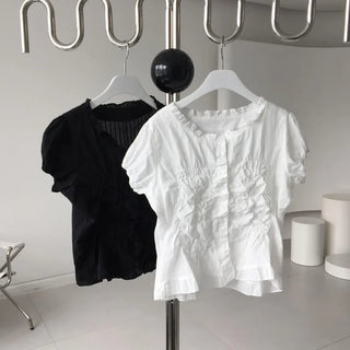 IVE Big Shirred Puff Frill Crop Blouse Date/Travel Look