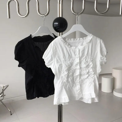IVE Big Shirred Puff Frill Crop Blouse Date/Travel Look