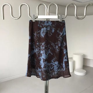 Marbling Chiffon Printed Midi Skirt Elastic Waist Unique Skirt