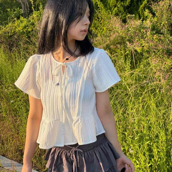 Regular Fit Plain Pintuck Ribbon Frill Daily Short Sleeve T-shirt