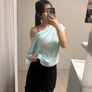 Lugak Off-Shoulder Plain Loose-Fit Short-Sleeve T-Shirt