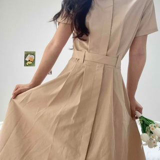Button Ribbon Button-Down A-Line Short Sleeve Long Dress