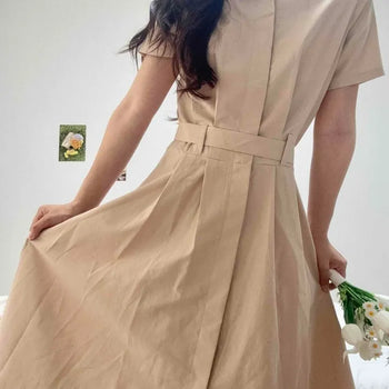 Button Ribbon Button-Down A-Line Short Sleeve Long Dress
