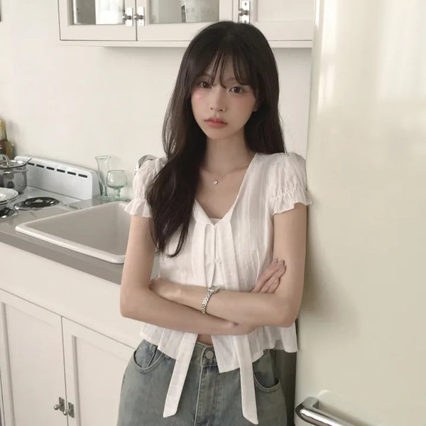 Strap Tie Frill Puff Crop Short Sleeve Blouse