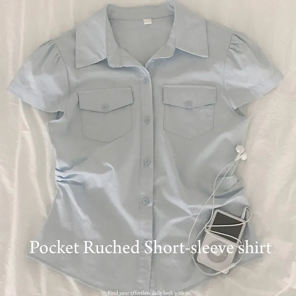 Two-Pocket Collar Side Shirring Delicate Fit Blouse Short Sleeve Shirt