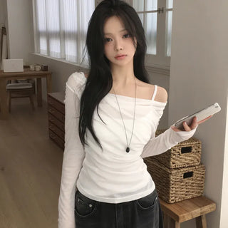Delicate~ Hand-Covering, See-Through Shirred Off-Shoulder Slim Delicate Fit Long-Sleeve T-Shirt