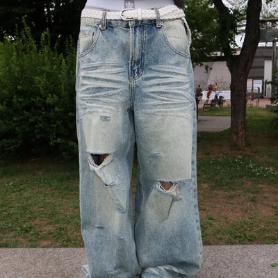 Riddle Damaged Vintage Harsh Washed Wide Denim Pants