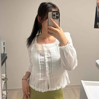 Pintuck Frill Shirred Off-Shoulder Loose Fit Long Sleeve Blouse