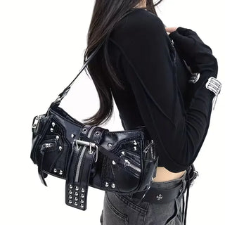 Chic Silver Studded Belted Leather Shoulder Bag / Hobo Bag Leather Bag Vintage Bag Belt Bag