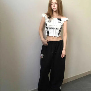 Shirred Frill Lettering Stripe Daily Short Sleeve T-shirt