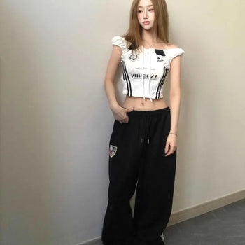 Shirred Frill Lettering Stripe Daily Short Sleeve T-shirt