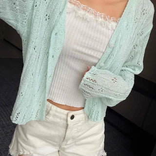 Button-Punched Loose Fit Long Sleeve Daily Cardigan