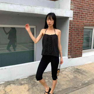 Frill Shirred Halter Neck Strap Sleeveless