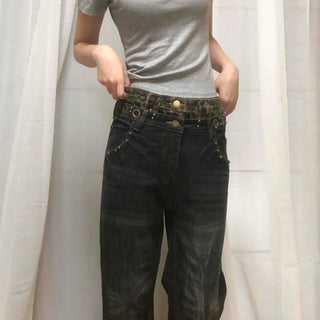 Eyelet Leopard Washed Wide Loose Fit Long Pants
