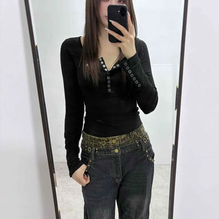 Washed Leopard Studded Eyelet Straight Long Pants