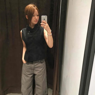 Fitted Plain Button Cut Button-Down Sleeveless Vest
