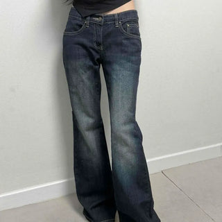 Washed Button Zipper Loose Fit Flare Long Pants