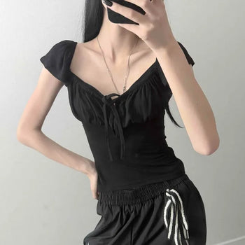 Shirred Ribbon String Slim Fit Plain Short Sleeve T-shirt