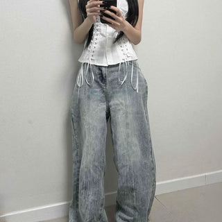 Seon Washed Button Wide Loose Fit Daily Long Pants