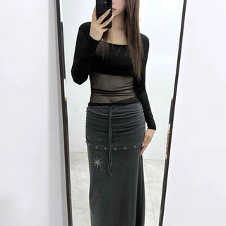 Eyelet String Shirred Slit Straight Long Skirt