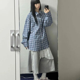 Oversized Check Button-Down Long Sleeve Shirt