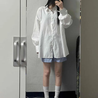 Oversized Plain Shirred Button-Down Long Sleeve Shirt