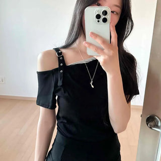 Strap Button Plain Off-Shoulder Daily Short-Sleeve T-Shirt