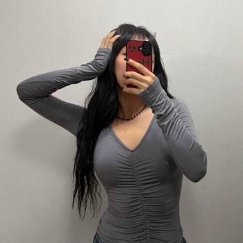 Slim Fit Plain Shirred Daily Long Sleeve T-shirt