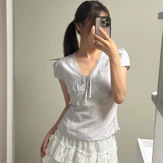 Rimo Ribbon Plain Regular Fit Short Sleeve Blouse