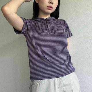 Button Stripe Regular Fit Short Sleeve Hoodie