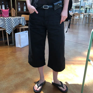Capo Women's Ring Yarn Bermuda 3/4 Length Summer Loose Fit Black Pants